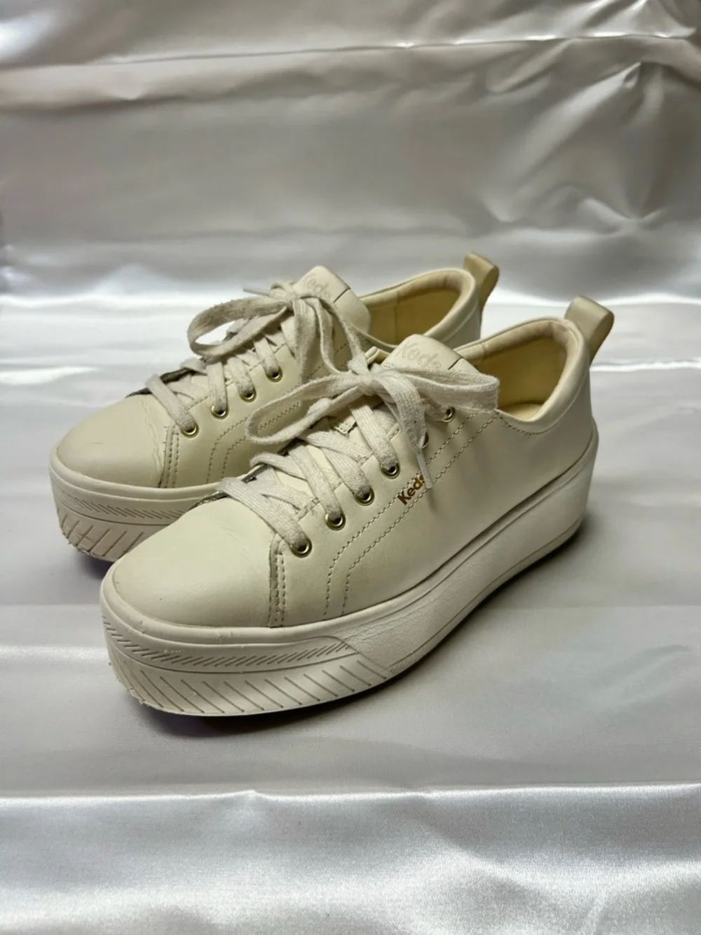 Keds Leather Cream Platform Lace-Up Sneakers | Size 7.5 EU 38 UK 5